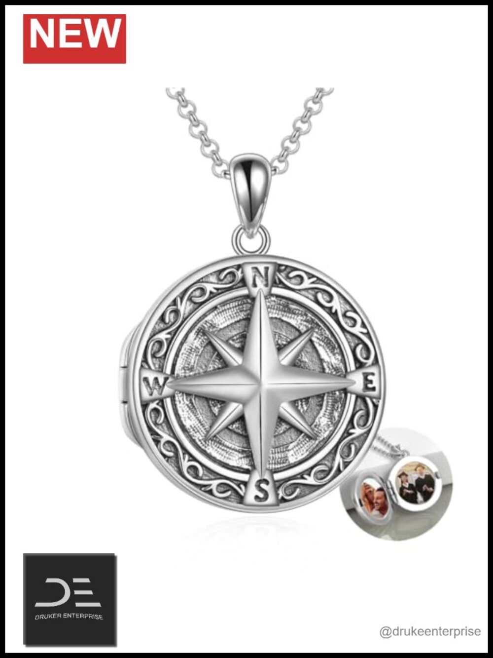 Compass Locket Necklace 925 Sterling Silver Holds Photo Picture Adjustable Chain